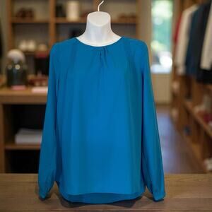 Umgee USA Pleated Neck Tie Back Long Sleeve Blouse Blue Cotton Blend Size S